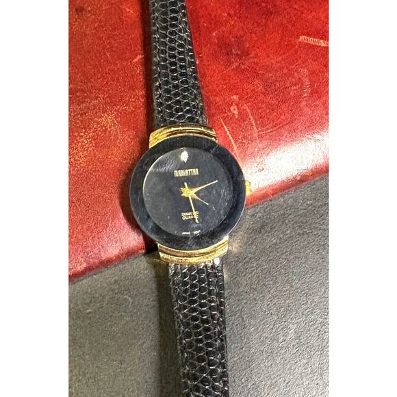 Women's Gold Tone Manhattan Diamond Watch, Black Face and Bezel, Leather Band - Picture 3 of 3